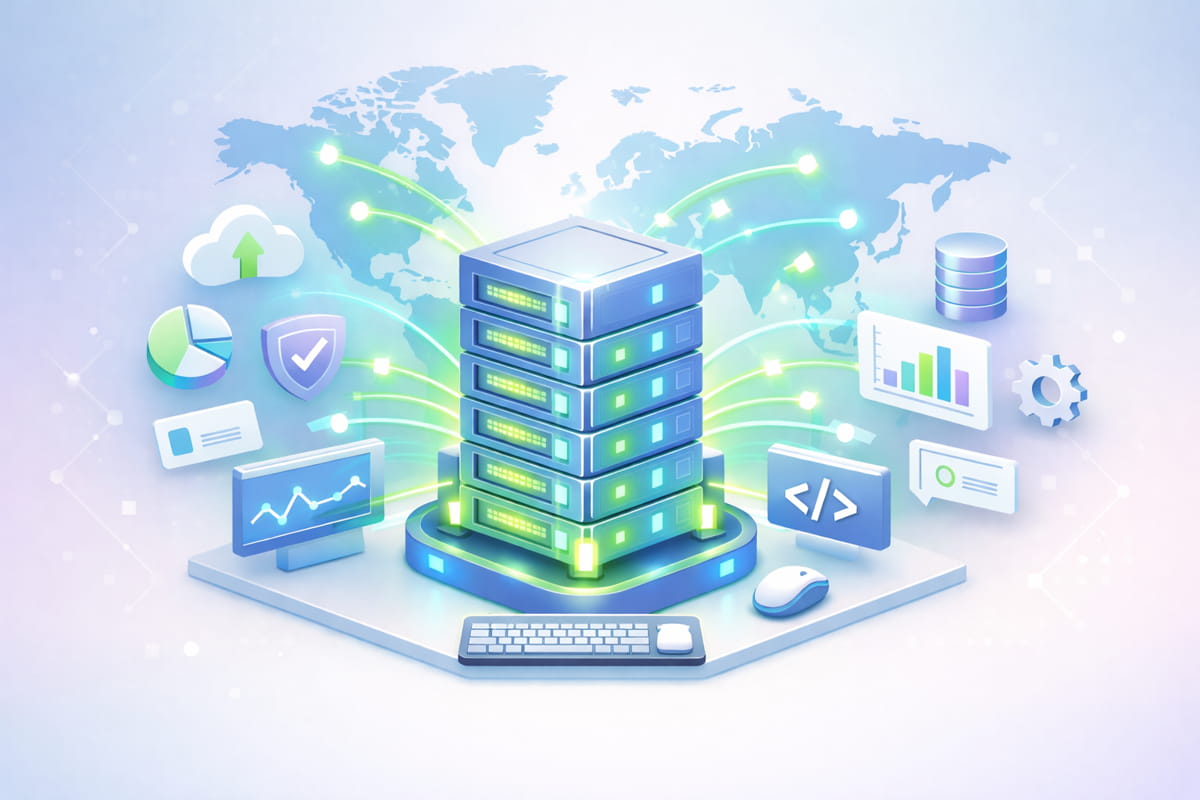 3D-Illustration eines leuchtenden Server-Racks, das über Datenströme mit einer Weltkarte verbunden ist – Darstellung von Internet-Standorten.