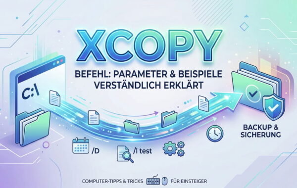 Modernes Beitragsbild für den Artikel über den XCOPY-Befehl: Visualisierung des Kopierprozesses und der Parameter.
