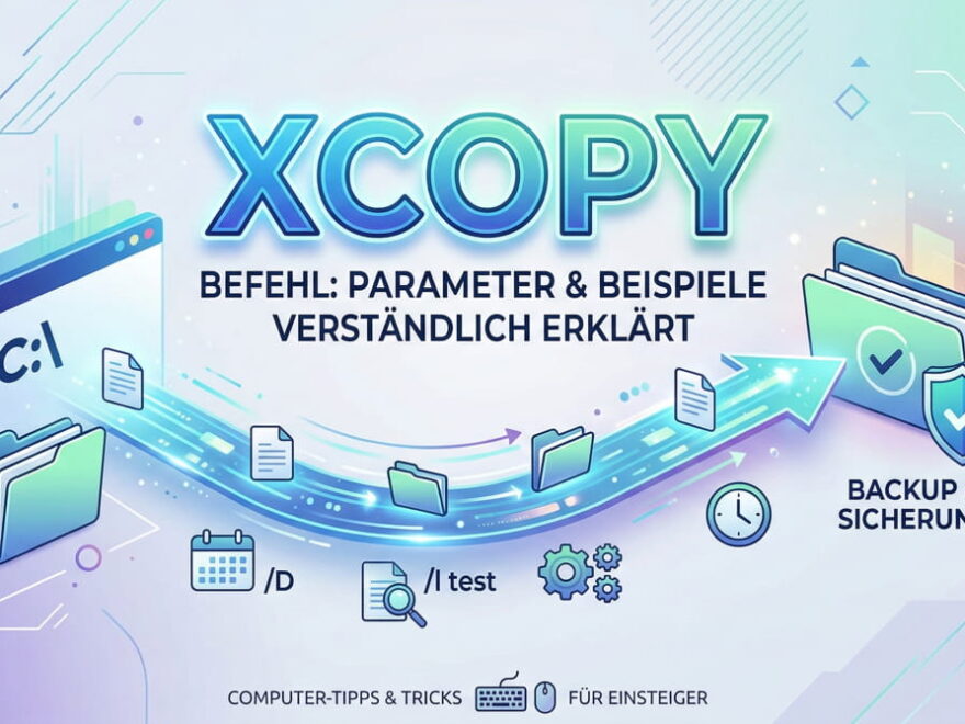 Modernes Beitragsbild für den Artikel über den XCOPY-Befehl: Visualisierung des Kopierprozesses und der Parameter.
