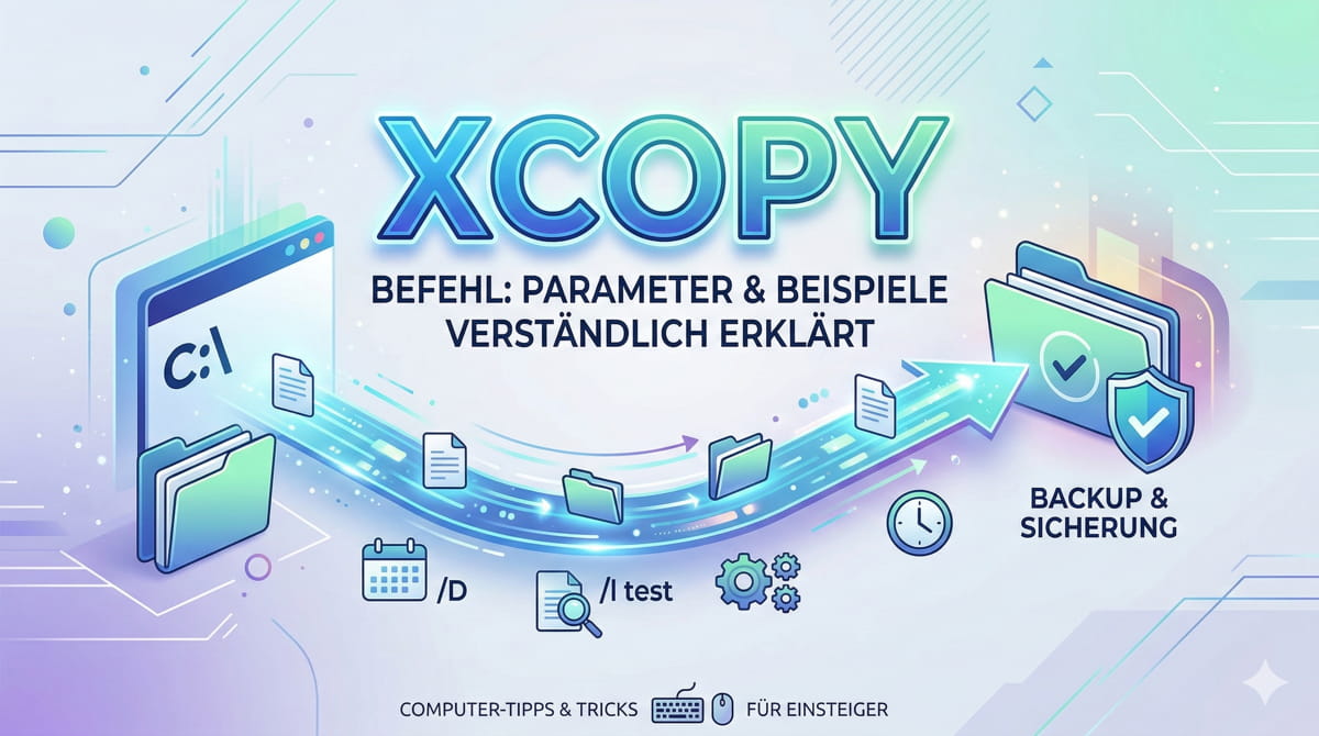 Modernes Beitragsbild für den Artikel über den XCOPY-Befehl: Visualisierung des Kopierprozesses und der Parameter.