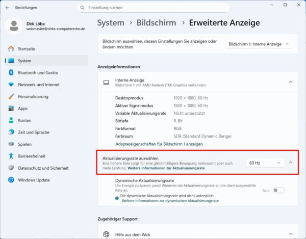 144 Hz Monitor in Windows einstellen Bildwiederholrate auswählen