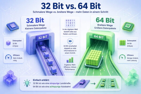 32 Bit vs 64 Bit einfach erklärt: Vergleich von Datenverarbeitung und Architektur mit schmalen und breiten Datenwegen