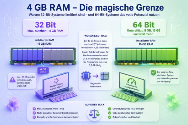 32 Bit vs 64 Bit RAM Vergleich: 4 GB Limit bei 32 Bit und volle Speichernutzung bei 64 Bit einfach erklärt