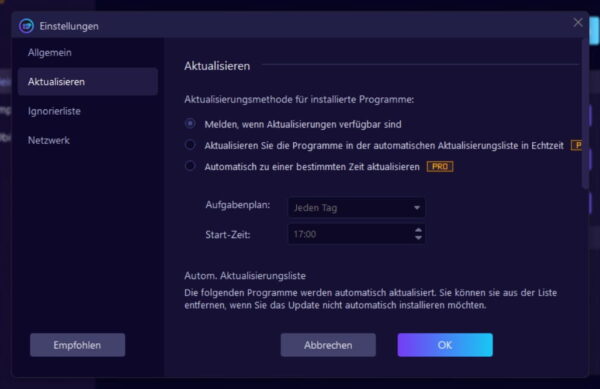 Einstellungen im IObit Software Updater 8 PRO für automatische Updates und Zeitplanung