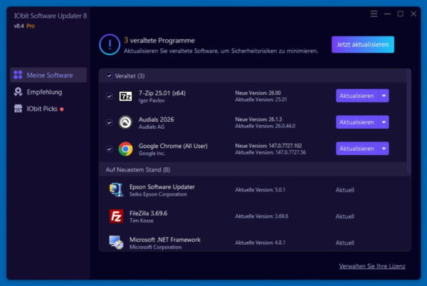 IObit Software Updater 8 PRO Oberfläche mit Liste veralteter Programme und Update-Funktion
