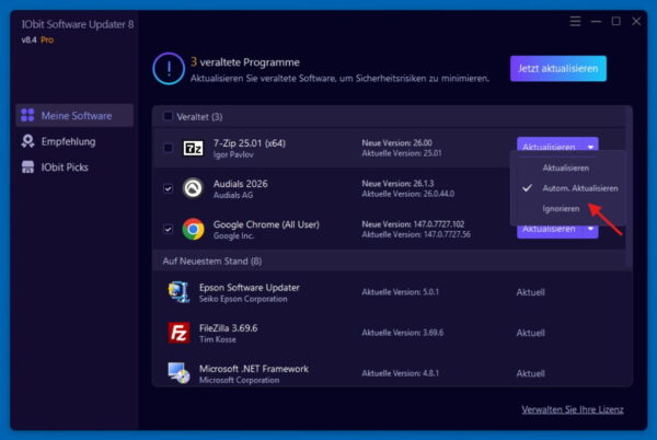 IObit Software Updater 8 PRO automatische Updates aktivieren im Hauptfenster