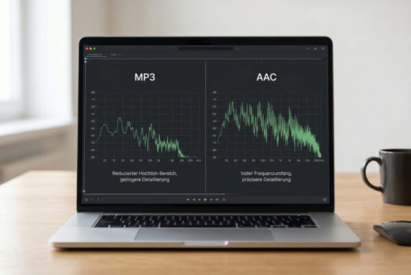 AAC vs MP3 Vergleich im Frequenzspektrum mit sichtbaren Unterschieden in Hochtonbereich und Detailtiefe