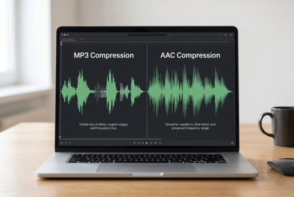 AAC vs MP3 Vergleich mit Audio-Wellenformen auf Laptop, zeigt Unterschiede bei Kompression und Detailverlust