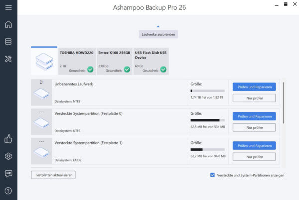 Ashampoo Backup Pro 26 Festplattenprüfung mit Anzeige von Laufwerken und Status