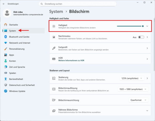 Bildschirmhelligkeit in Windows über Einstellungen unter System Anzeige anpassen
