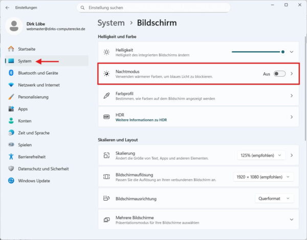 Nachtmodus in Windows aktivieren und Bildschirmhelligkeit anpassen