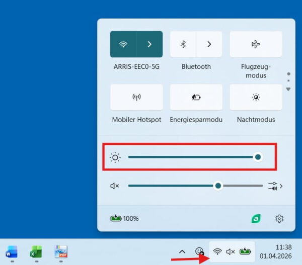 Bildschirmhelligkeit in Windows schnell über Schieberegler anpassen