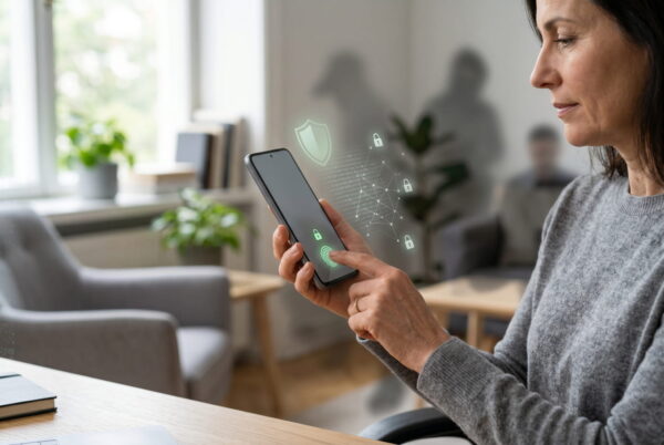 Biometrie Sicherheit am Smartphone mit Fingerabdruck und Schutzsymbolen