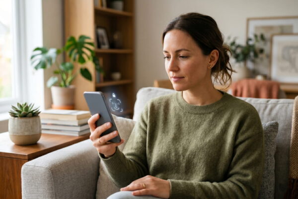 Frau entsperrt Smartphone mit Gesichtserkennung im Alltag