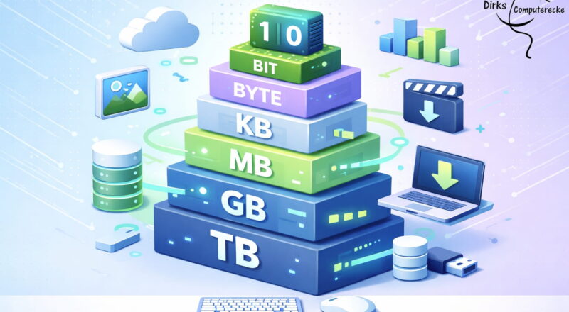 Bits und Bytes einfach erklärt mit Übersicht von KB, MB, GB und TB in einer Grafik