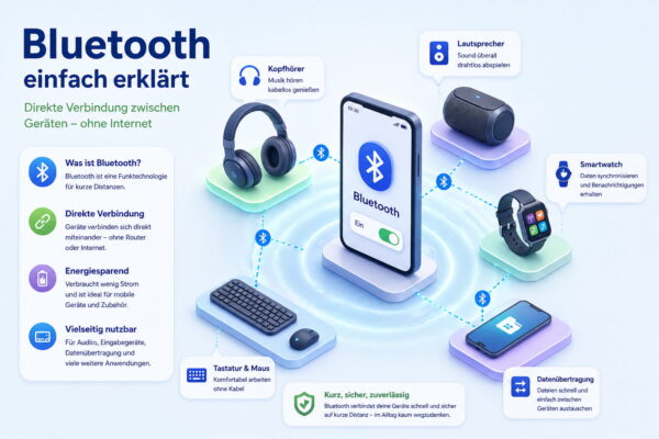Bluetooth Funktionsweise mit Smartphone und verbundenen Geräten wie Kopfhörer, Lautsprecher und Smartwatch