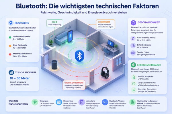 Bluetooth Reichweite, Geschwindigkeit und Energieverbrauch erklärt Bluetooth Reichweite und Einflussfaktoren wie Entfernung, Hindernisse und Energieverbrauch einfach erklärt