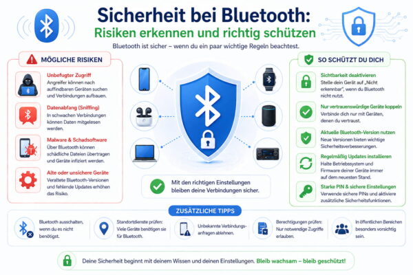 Bluetooth Sicherheit – Risiken und Schutzmaßnahmen erklärt Bluetooth Sicherheit einfach erklärt: Risiken erkennen und Geräte vor unbefugtem Zugriff schützen