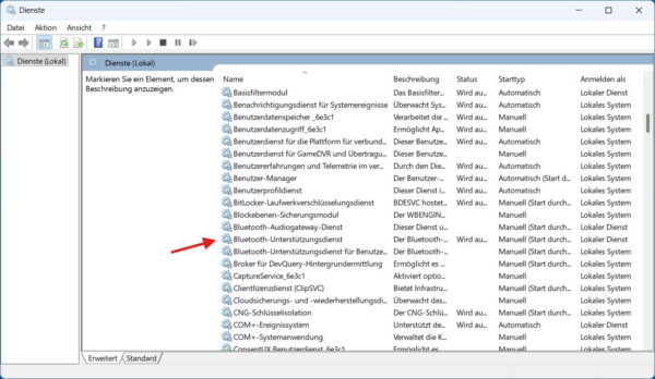 Bluetooth-Unterstützungsdienst in den Windows-Diensten prüfen und starten