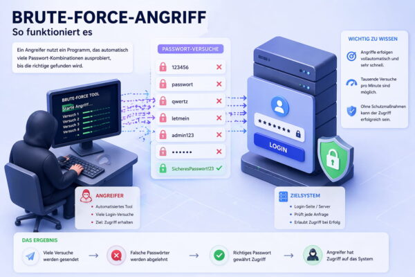 Schema eines Brute-Force-Angriffs mit automatisierten Passwortversuchen bis zum erfolgreichen Login