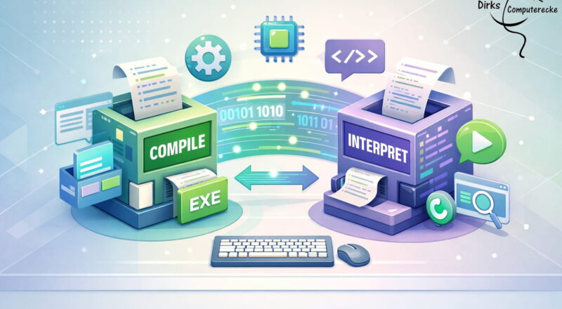 Unterschied zwischen Compiler und Interpreter einfach erklärt anhand einer grafischen Darstellung