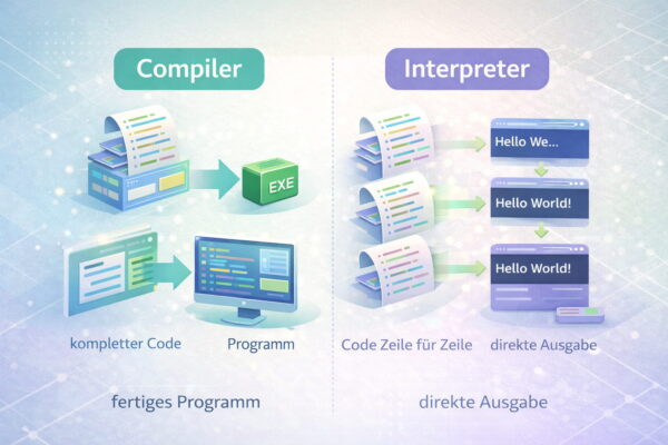 Vergleich zwischen Compiler und Interpreter mit Darstellung der unterschiedlichen Funktionsweise