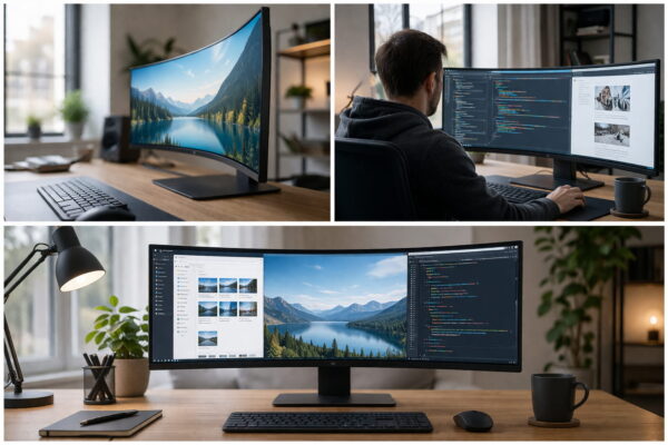 Curved Monitor mit sichtbarer Bildschirmkrümmung auf modernem Schreibtisch im Alltag