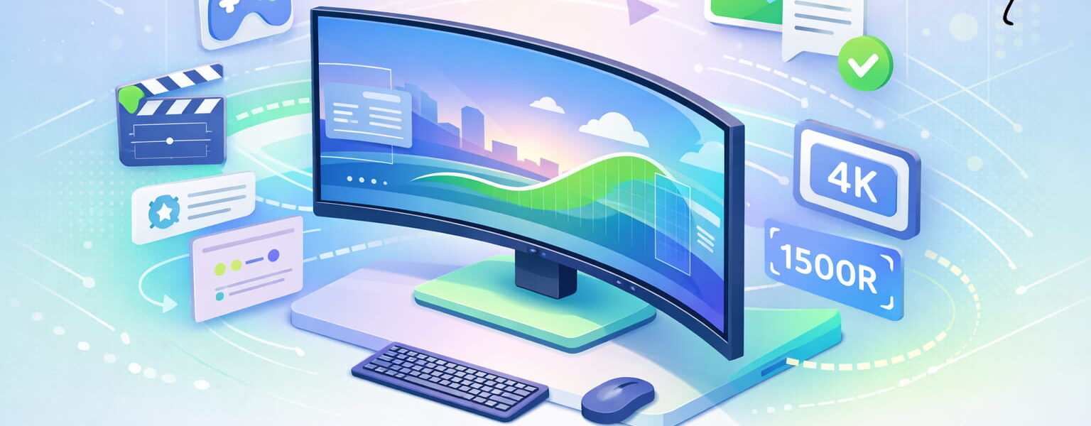 Curved Monitor mit gebogenem Display zeigt Vorteile der Bildschirmkrümmung beim Arbeiten und Gaming