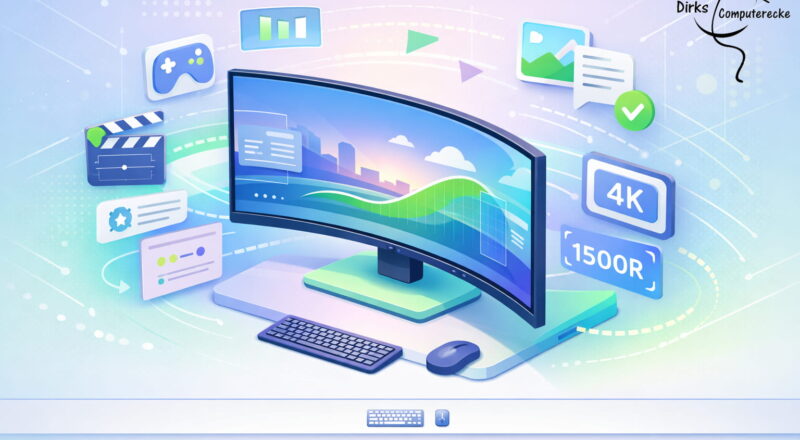 Curved Monitor mit gebogenem Display zeigt Vorteile der Bildschirmkrümmung beim Arbeiten und Gaming