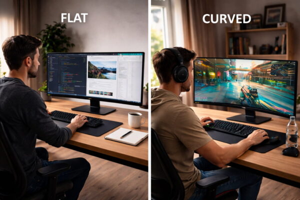 Vergleich von Curved Monitor und flachem Monitor im direkten Einsatz auf dem Schreibtisch