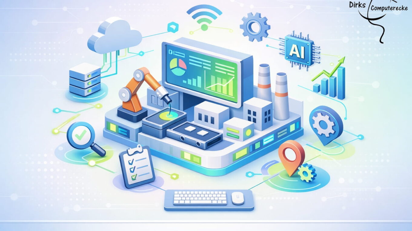 Digitalisierung in der Industrie mit vernetzten Maschinen und Datenvisualisierung als 3D Illustration