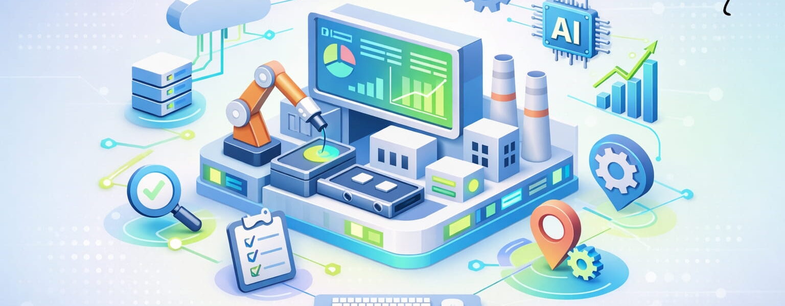 Digitalisierung in der Industrie mit vernetzten Maschinen und Datenvisualisierung als 3D Illustration
