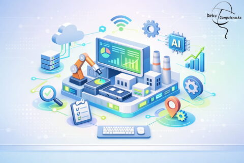 Digitalisierung in der Industrie mit vernetzten Maschinen und Datenvisualisierung als 3D Illustration