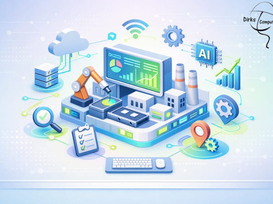 Digitalisierung in der Industrie mit vernetzten Maschinen und Datenvisualisierung als 3D Illustration