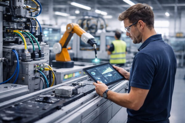 Digitalisierung in der Industrie im praktischen Einsatz in der Produktion Digitalisierung in der Industrie in der Praxis mit Mitarbeiter, Tablet und vernetzten Maschinen in moderner Produktion