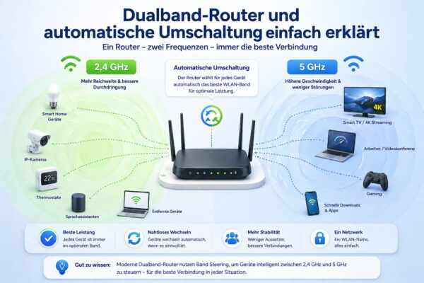 Dualband-Router mit 2,4 GHz und 5 GHz WLAN und automatischer Umschaltung zwischen den Frequenzen