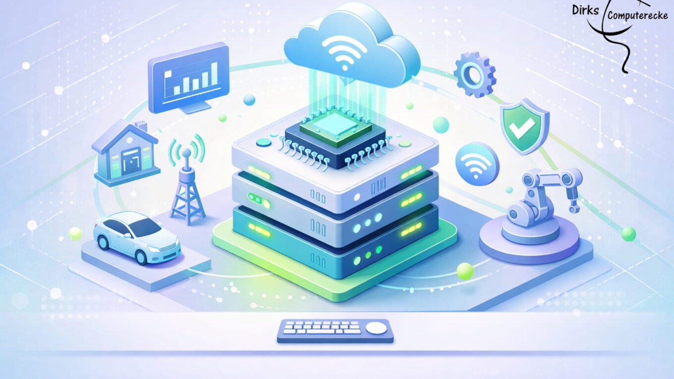 Edge-Computing Illustration mit lokaler Datenverarbeitung, IoT-Geräten und Cloud-Anbindung in moderner 3D-Darstellung