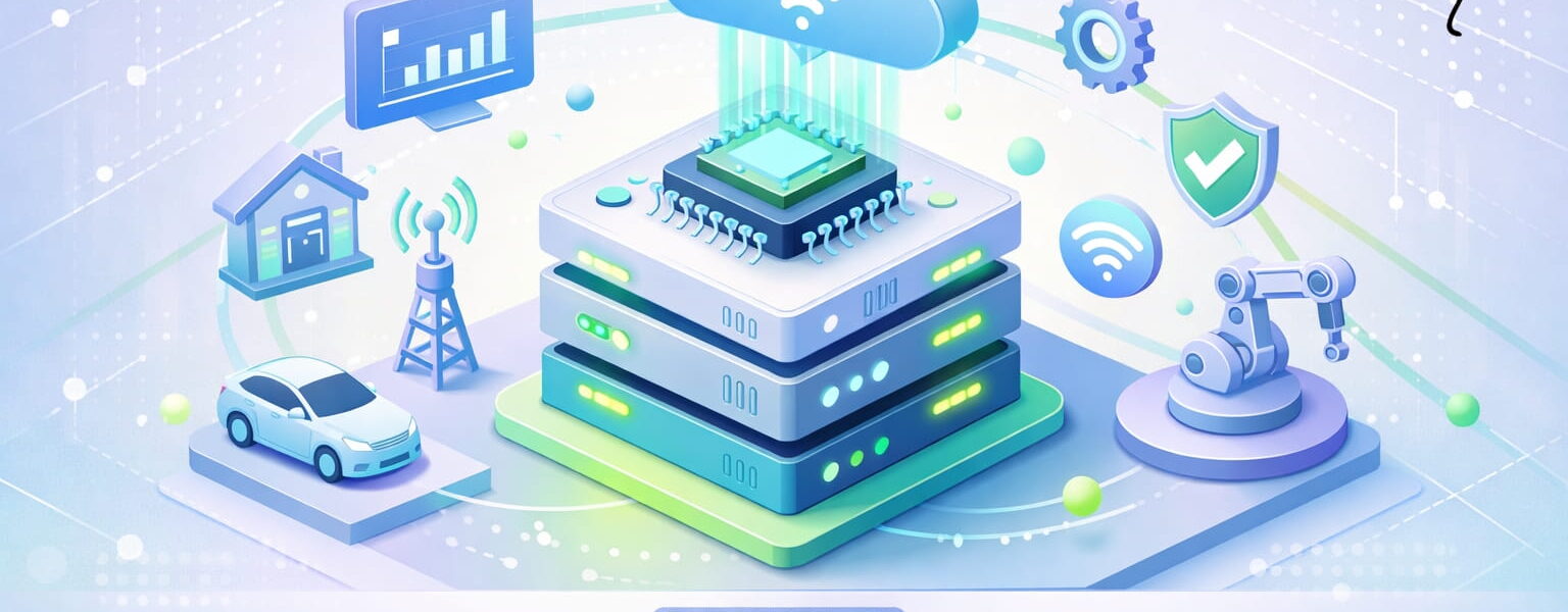 Edge-Computing Illustration mit lokaler Datenverarbeitung, IoT-Geräten und Cloud-Anbindung in moderner 3D-Darstellung