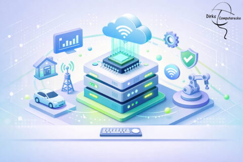 Edge-Computing Illustration mit lokaler Datenverarbeitung, IoT-Geräten und Cloud-Anbindung in moderner 3D-Darstellung