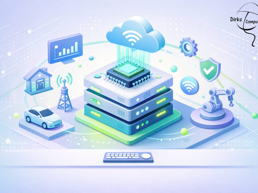 Edge-Computing Illustration mit lokaler Datenverarbeitung, IoT-Geräten und Cloud-Anbindung in moderner 3D-Darstellung