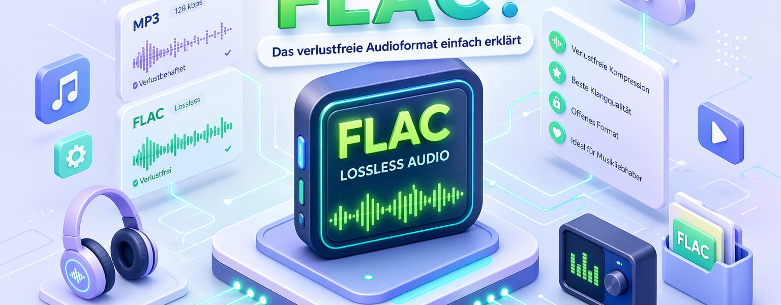 Was ist FLAC? Illustration zum verlustfreien Audioformat und dessen Vorteile bei Audioqualität und Speicherung
