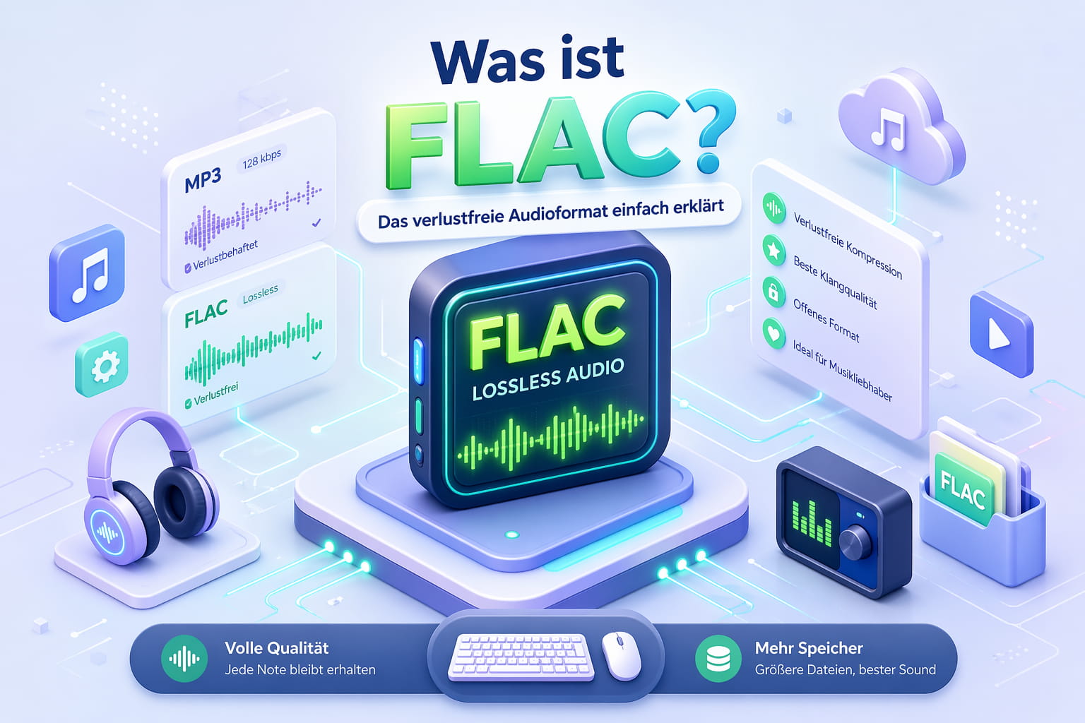 Was ist FLAC? Illustration zum verlustfreien Audioformat und dessen Vorteile bei Audioqualität und Speicherung