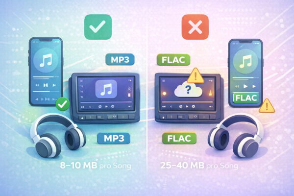 FLAC vs. MP3 Vergleich – Unterschiede bei der Kompatibilität auf Geräten wie Smartphone, Autoradio und Kopfhörern