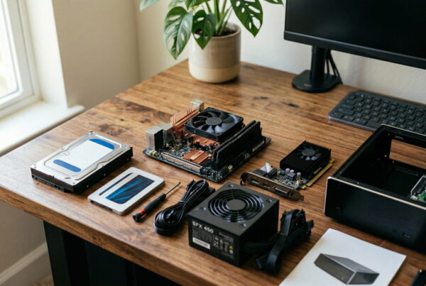 HTPC Hardware Komponenten wie Mainboard, SSD und Gehäuse für einen Home Theater PC