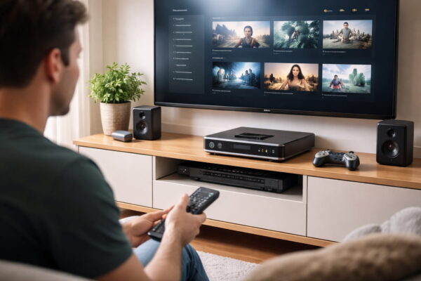 HTPC im Wohnzimmer am Fernseher zur zentralen Medienwiedergabe und Steuerung