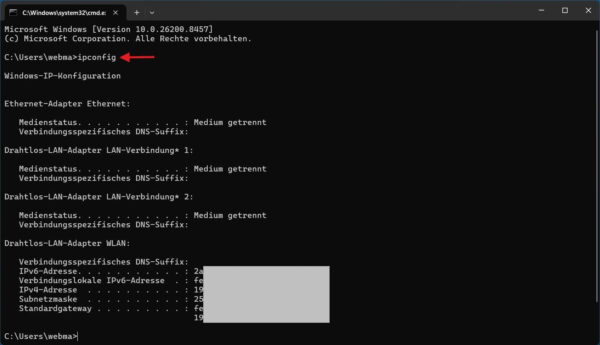 IPv4-Adresse und Standardgateway mit ipconfig anzeigen