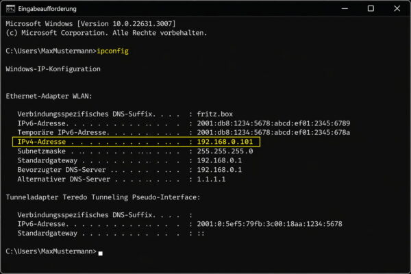 ipconfig Ausgabe in Windows zeigt IPv4-Adresse im Netzwerk an
