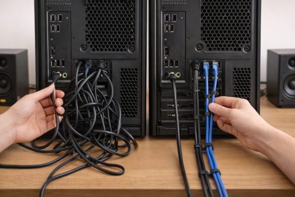 Unordentliche und sauber verlegte Kabel am PC im Vergleich zur Vermeidung von Störgeräuschen bei Lautsprechern