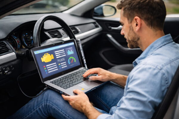 KFZ-Steuergerät im Auto mit Laptop auslesen über OBD2-Schnittstelle im Fußraum