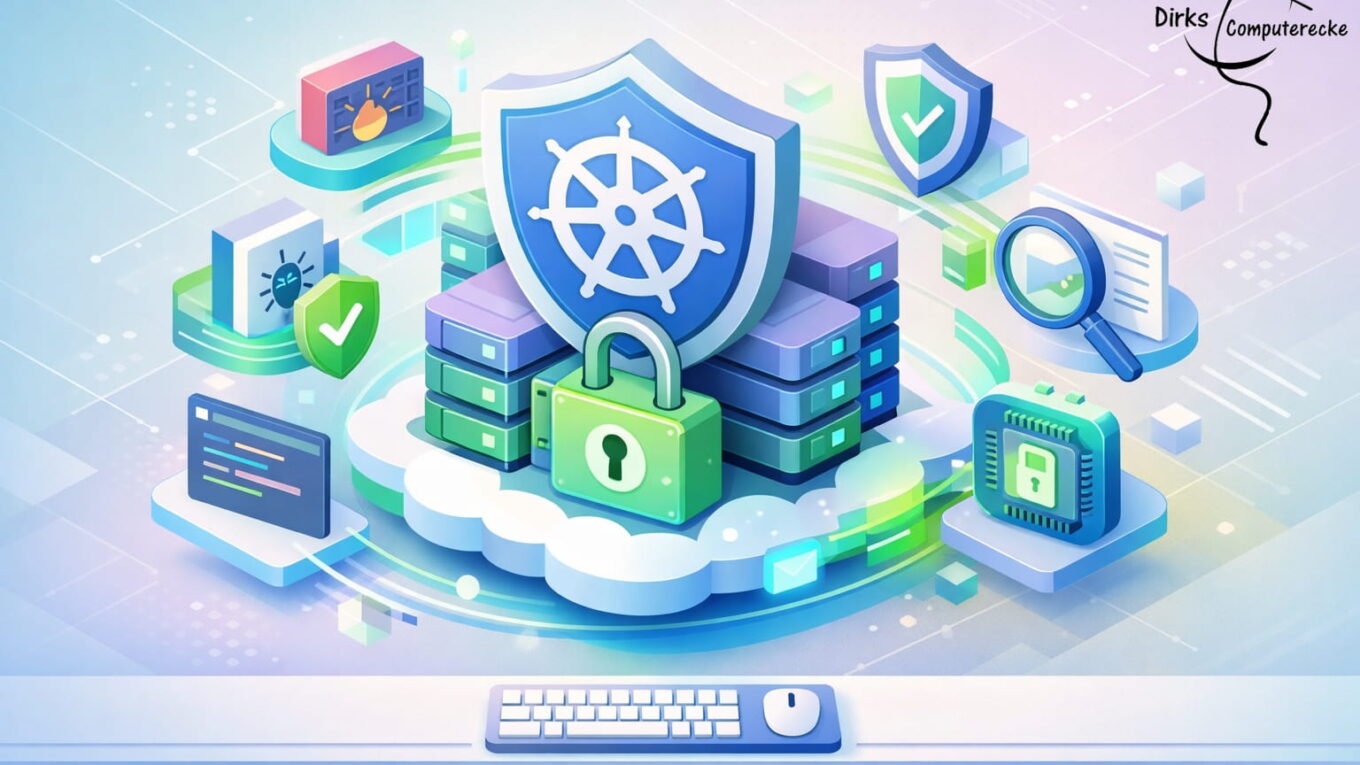 Illustration zur Kubernetes Sicherheit mit Cloud, Containern und Schutzmechanismen